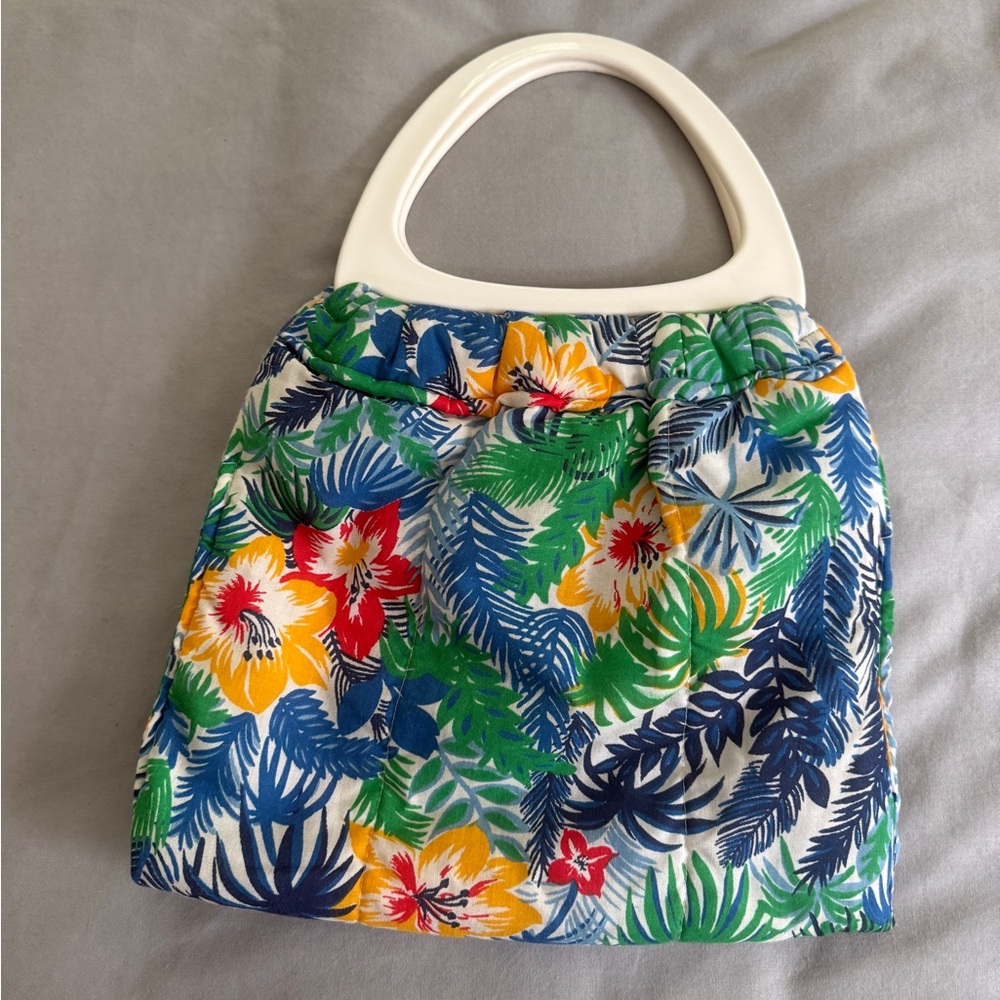 Vintage White Floral Tote Bag with Tropical Print